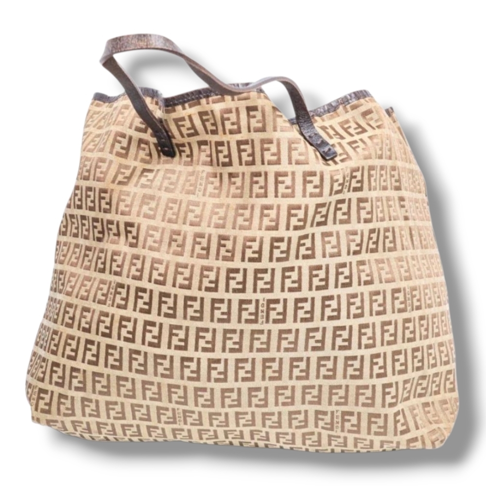 Fendi Zucchino Beige Brown Canvas Logo Monogram Tote Bag Handbag